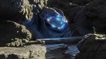 Circular cosmic Blue glowing Monolith orbiting around itself amidst rocky landscape - 3D Abstract scene Push in Shot - Powered by Adobe