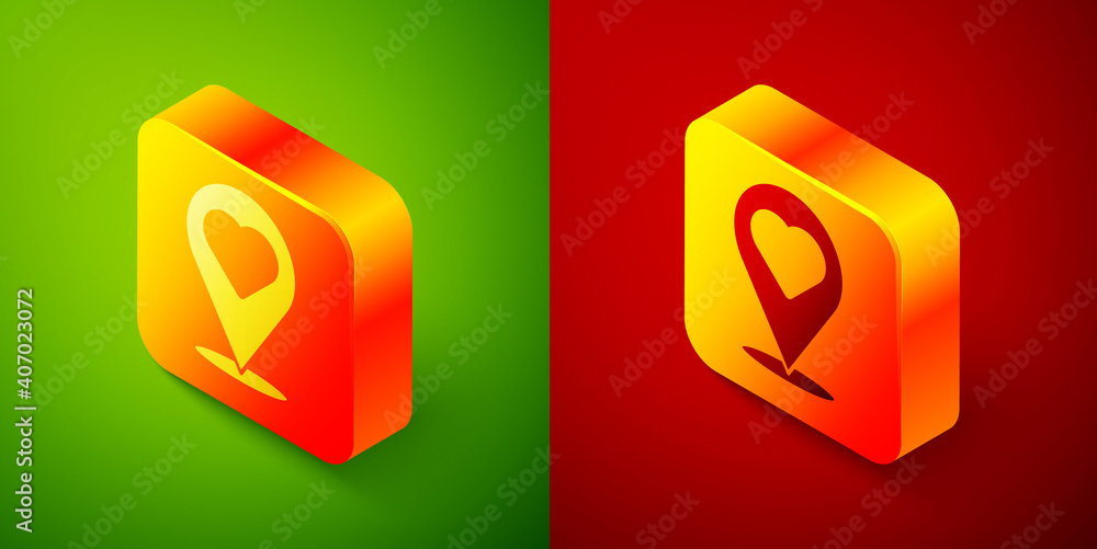 Poster isometric map pointer with heart icon isolated on green and red background. valentines day. love loc