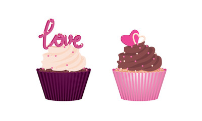 Set of muffins, illustration, vector on a white background. Sweet food cupcake with heart, text love flat design cartoon style dessert.