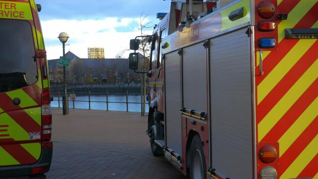 Greater Manchester Fire engine parked up overlooking water