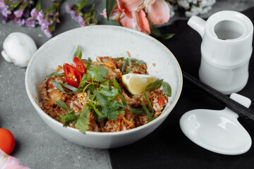 Thai rice with chicken and vegetables. place for inscription
