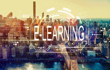 E-learning concept with the New York City skyline near midtown
