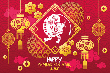 chinese new year 2021 lettering card with ox and golden lamps