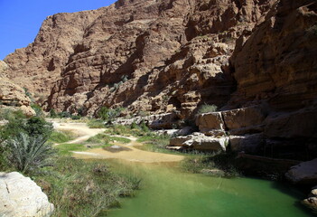 Fototapeta na wymiar A small pond among the high rock walls of the canyon, Wadi Shab, Oman