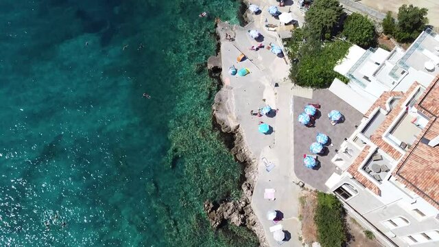 Drone shot of one of the best unknown beaches in the Adriatic sea on the Montenegro coast, gorges, clear water. Hladna uvala, Utjeha