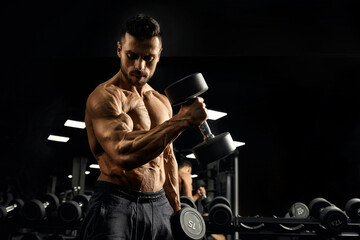 Muscular bodybuilder training biceps with dumbbell.