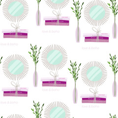 Bohemian style seamless pattern wihh green branch in vase, boho round mirror and books about love. Stock vector