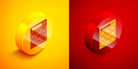 Isometric Drum machine music producer equipment icon isolated on orange and red background. Circle button. Vector.