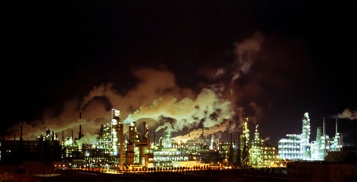 Karamay Petrochemical Plant at night in Xinjiang