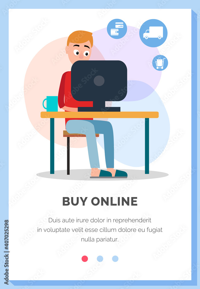 Poster store for online shopping layout. man with laptop orders goods with delivery on the internet. paid p