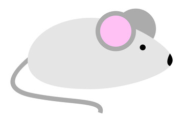 Little cute mouse with pink ears in cartoon style. Vector illustration of a mouse osolated on a white background. Gray rat side view. Mousekin a pet, field rodent lives in a hole likes grain