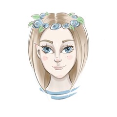 portrait of a girl with blue eyes and blonde hair wearing a wreath, elf girl, fairy tale character, hand drawn kids illustration, portrait isolated on white background