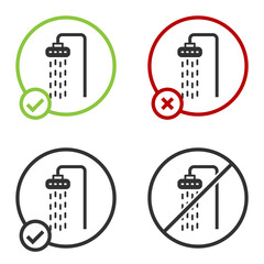 Black Shower head with water drops flowing icon isolated on white background. Circle button. Vector.