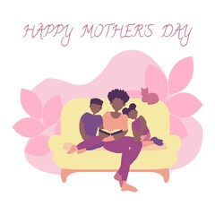 Happy african american family Mom reads book for son and daughter Mother's day card Flat vector illustration