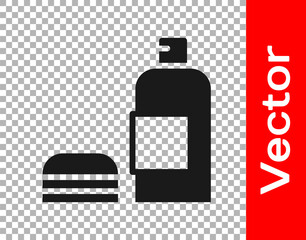 Black Bottle of shampoo icon isolated on transparent background. Vector.