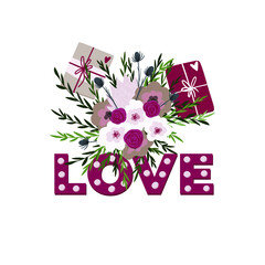 Cartoon style hand drawn illustration for Valentine's day. Greeting card design, tshirt print. Bouquet and gifts.