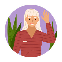 Blonde girl is waving her hand. Cheerful girl greets in a round frame vector illustration. Female character shows greeting gesture. Smiling woman raises her hand up isolated on white background