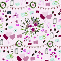 Valentine's day seamless pattern in boho style with home decorations in the form of garlands with hearts, glasses for drinks, sweets, flowers and decorations.