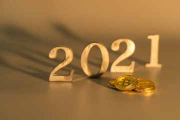Year 2021 and Bitcoin. Business finance Cryptography virtual digital money.