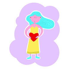 cartoon girl in a yellow sundress and blue hair with a heart. valentine's day card.