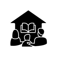 Homeschooling family glyph icon. Parents and child spend more time together. Online education concept. Distant remote teaching and homeschooling. Isolated silhouette vector illustration