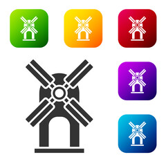 Black Wind turbine icon isolated on white background. Wind generator sign. Windmill for electric power production. Set icons in color square buttons. Vector.