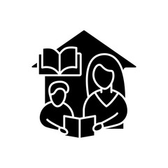Fototapeta premium Reading book glyph icon. Child learns to translate text with mom. Online education concept. Distant remote teaching and homeschooling. Isolated silhouette vector illustration
