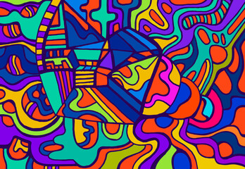 Fun joyful colorful doodle psychedelic background. Rainbow colors abstract pattern
