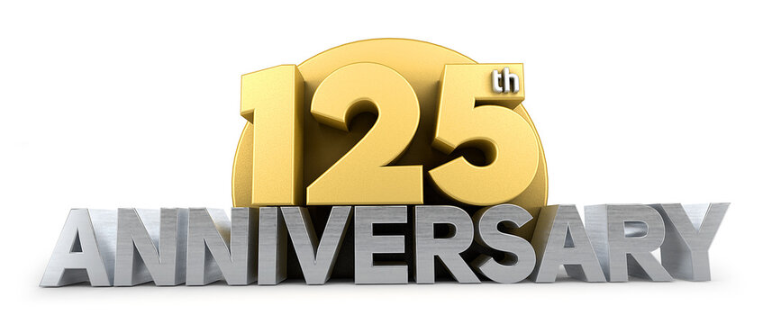 125th anniversary celebration logo in golden and silver color isolated on white background. 125 years anniversary logo. 3d illustration.	