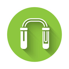 White Test tube and flask - chemical laboratory test icon isolated with long shadow. Fluid transfer system. Laboratory glassware sign. Green circle button. Vector.