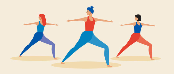Yoga studio, isolated women, flat vector stock illustration as concept of people in class, instructor, activity
