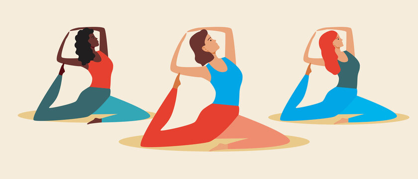 Yoga studio, isolated beautiful women, flat vector stock illustration as concept of people in class, instructor, sport