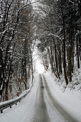Obraz premium empty snowy road through forest