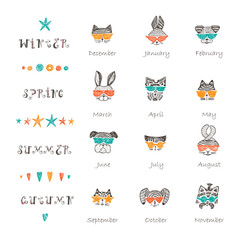 Vector template. Times of year. Four seasons and months, the template for creating a calendar with Doodle Cute Stylish Trendy Hipster Cats, Rabbits and Dogs with Sunglasses

