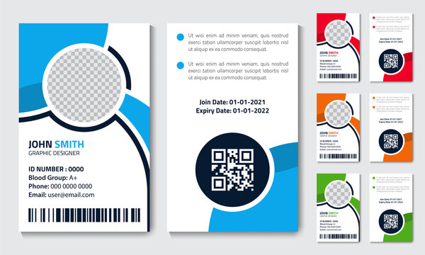 Simple vector office ID card design template. Creative Corporate Business identity card for employees with four color variations.