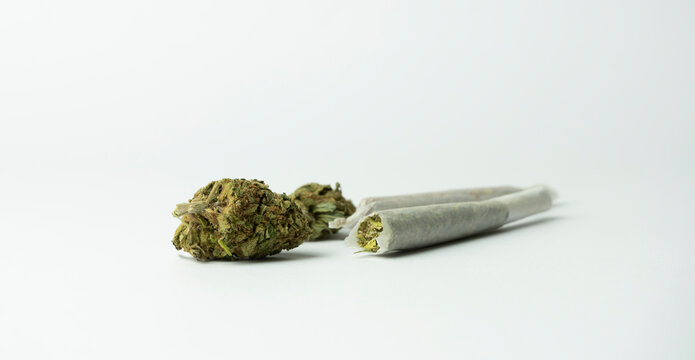 Macro closeup view of marijuana buds and cannabis joints isolated on white background with copy space.