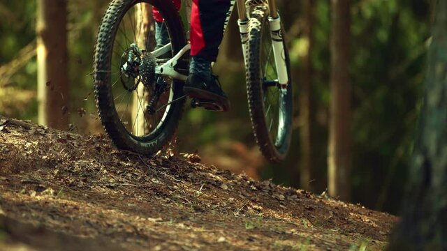Close up of a man riding mtb down the hill in a forest in super slow motion