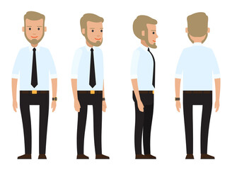 Collection of vector cartoon character. Businessman wearing suit with black tie, white shirt, belt, black trousers. Dresscode of adult business person. Views of stylish man from front, back sides