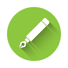 White Fountain pen nib icon isolated with long shadow. Pen tool sign. Green circle button. Vector.