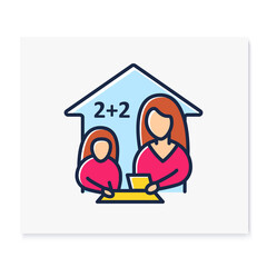 Mathematics lesson color line icon. Child teaches math with his mother. Home education concept. Distance learning and home teaching. Isolated vector illustration
