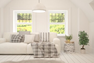 White living room with sofa and summer landscape in window. Scandinavian interior design. 3D illustration