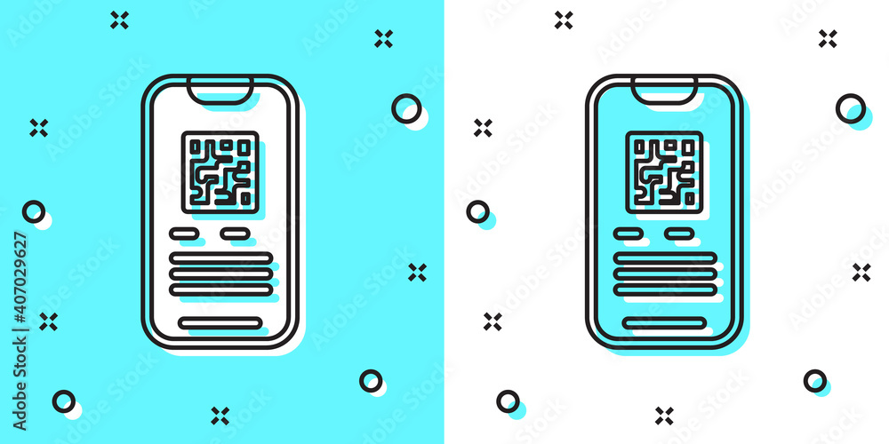 Poster black line online ticket booking and buying app interface icon isolated on green and white backgroun