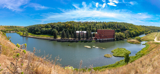 Obraz premium Panoramic view of the landscape around the abandoned mill on the Bank of the Vorgol river in the former estate of merchant Taldykin near the city of Yelets, Lipetsk region, Russia