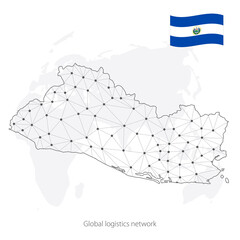 Global logistics network concept. Communications network map Republic of El Salvador on the world background. Map  El Salvador  with nodes in polygonal style and flag.  EPS10. 
