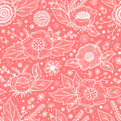 Vintage Floral Background. Flowers Seamless Pattern. Hand Drawn Bouquet, Leaves, Sprigs, Seeds and Grass. Vector illustration
