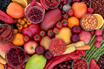 Health food for a vegan diet high in lycopene to lower cholesterol & blood pressure with foods also high in antioxidants, anthocyanins, protein, vitamins, minerals & dietary fibre. With fruit & vegeta