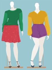 Vector design of a mannequin for women s clothes showcase. Female figure full length fashion clothing store equipment on blue background. Human body replica to show model clothes. Dress shop