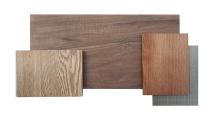 matching colors and textures of interior wooden material including oak engineer flooring ,grey ash and red douglas fir veneer ,brown walnut laminated samples isolated on white background.