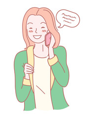 Cute cartoon character girl. Isolated at white portrait of smiling young girl. Drawing sketch art. Cute pretty girl talking on phone, dialogue cloud. Simple avatar of young female with phone