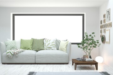 White living room with sofa. Scandinavian interior design. 3D illustration